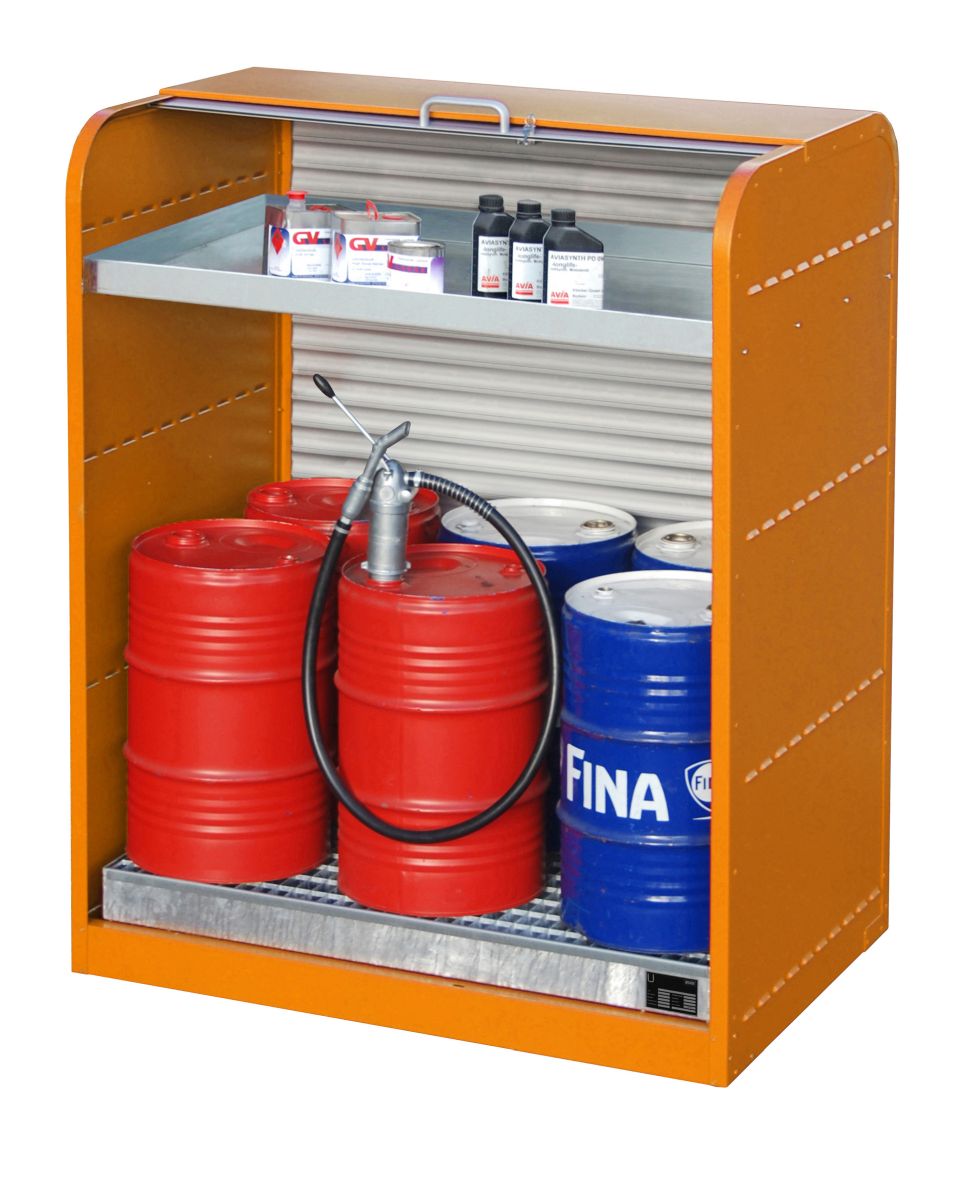 15030-gelb_1 Gefahrstoff-Rollladenschrank RSG-3 gelborange mit Auffangwanne für 6x 60l-Fässer und Wannenboden
