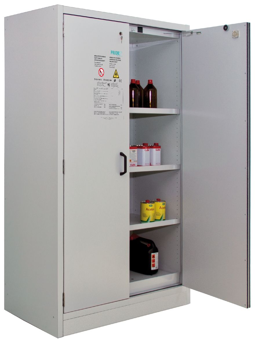 17118_1 PRIORIT Sicherheitsschrank PRIOCAB Typ90 2flügelig Tür grau, mit Bodenwanne und 3 Wannenböden