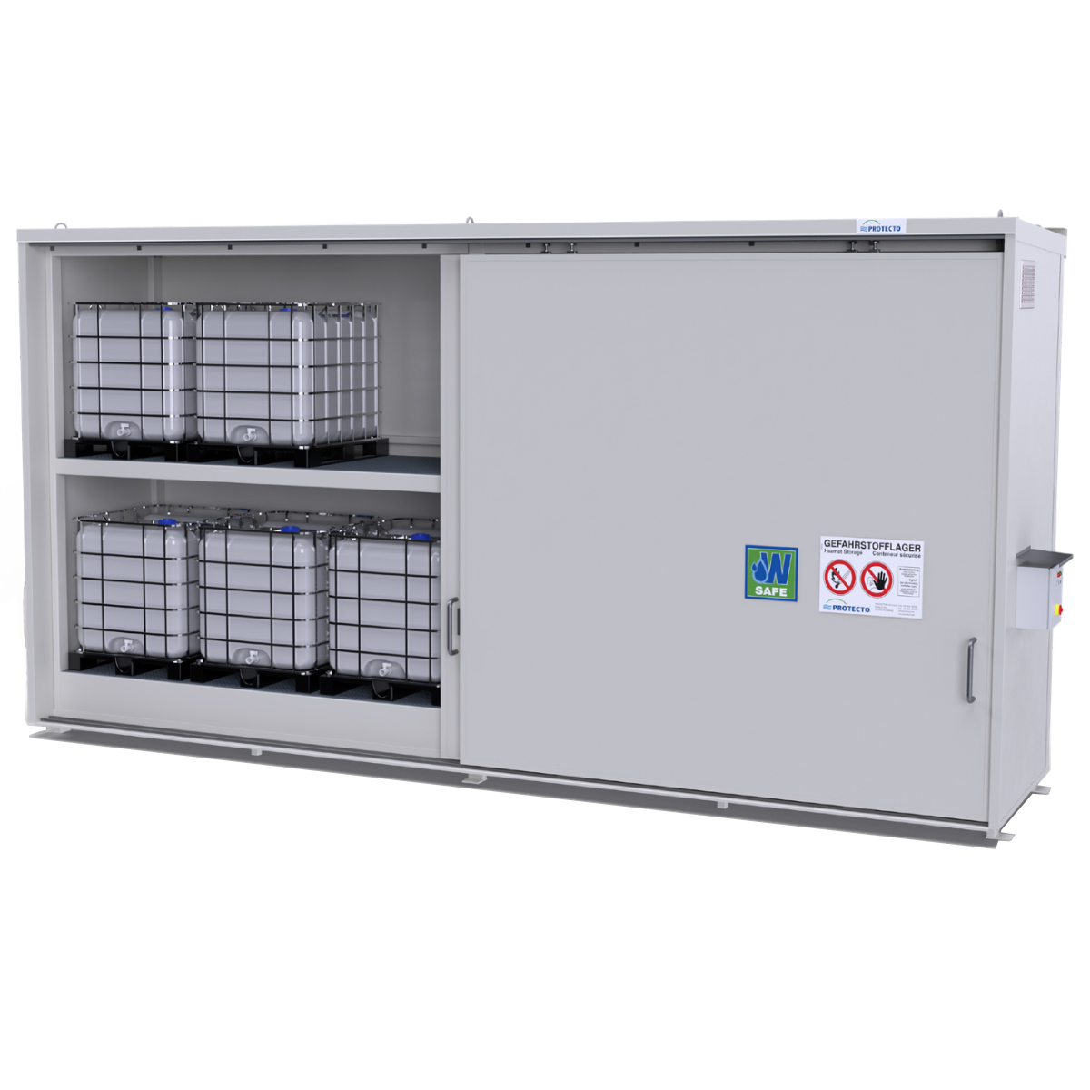 Regalcontainer Typ IBC 14-233 TA - Schiebetor, 2 Lagerebenen, bis zu 12 IBC Regalcontainer Typ IBC 14-233 TA - Schiebetor, 2 Lagerebenen, bis zu 12 IBC