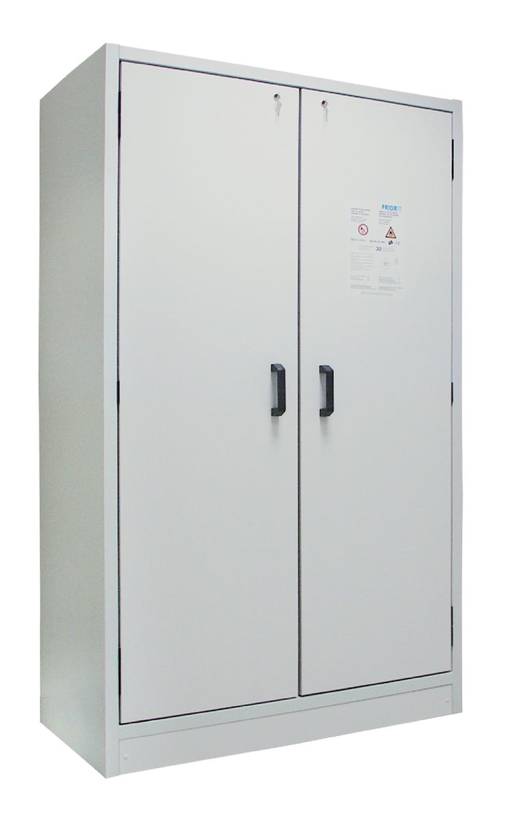 17094_2 PRIORIT Sicherheitsschrank PRIOCAB Typ30 2flügelig Tür grau, mit Bodenwanne und 3 Wannenböden in V2A