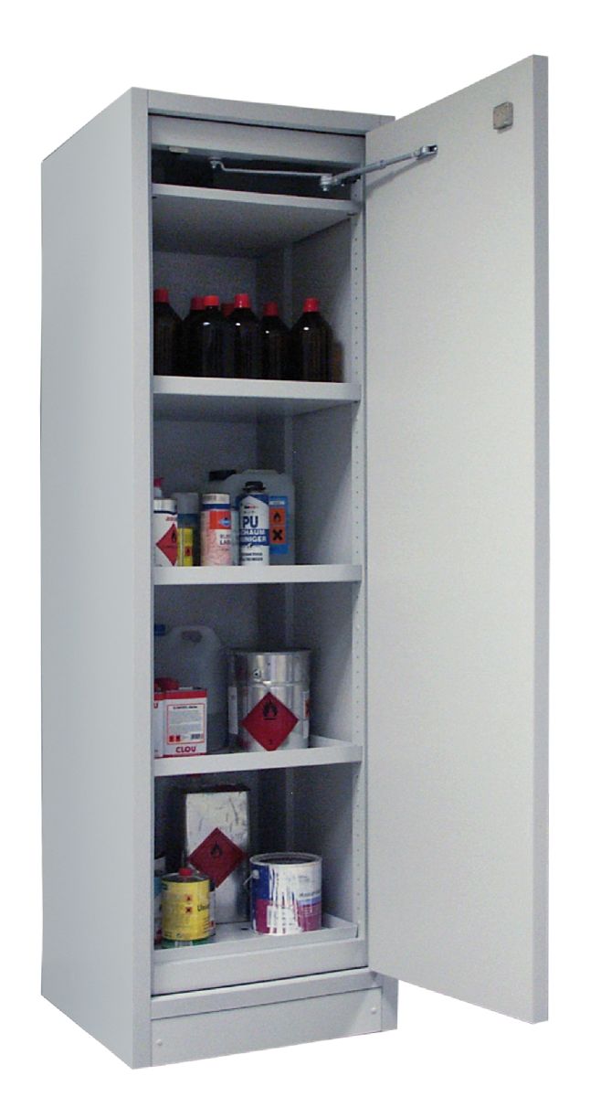 17084_1 PRIORIT Sicherheitsschrank PRIOCAB Typ30 1flügelig Tür grau, mit Bodenwanne und 3 Wannenböden in V2A