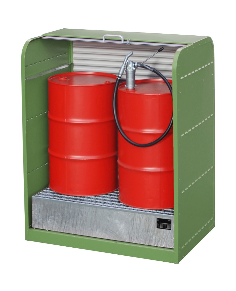 15028-gruen_1 Gefahrstoff-Rollladenschrank RSG-1 resedagrün mit Auffangwanne für 2x 200l-Fässer